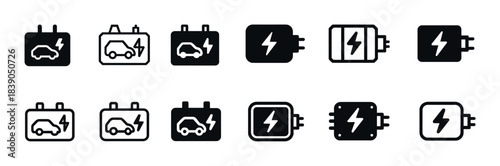Electric vehicle battery icons set: charging symbols and energy indicators