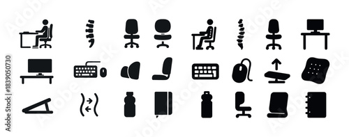 Ergonomic office set icons: furniture, equipment, and accessories in silhouette