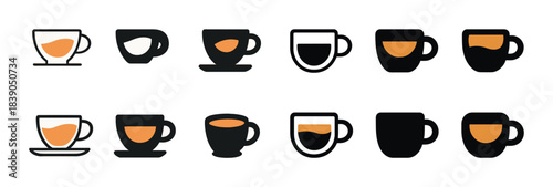 Icon set of various coffee cups and mugs illustrated in minimalist style