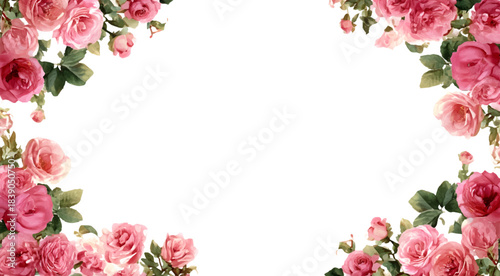 Pink watercolor roses and green leaves are forming a decorative corner border on a white background, useful for various elegant and romantic design elements