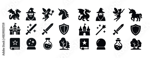 Fantasy icon set: dragons, wizards, fairies, unicorns, castles, swords, shields, magic elements