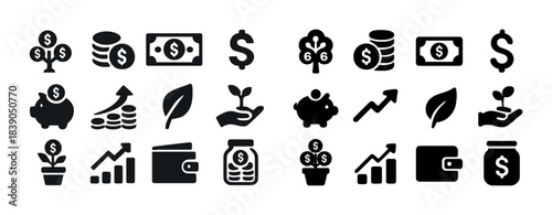 Black icons of finance and growth featuring currency and plant symbols