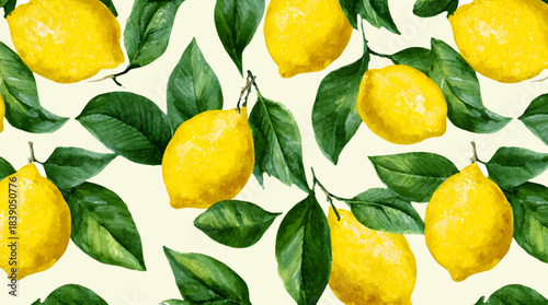 Italian lemon background. Sunny Amalfi coast poster design with fresh lemons, Italian summer motifs, Mediterranean ornaments. Vintage lemon pattern coastal illustration.