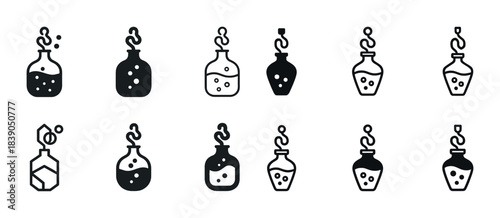 Black and white potion bottle icons collection with various designs and shapes