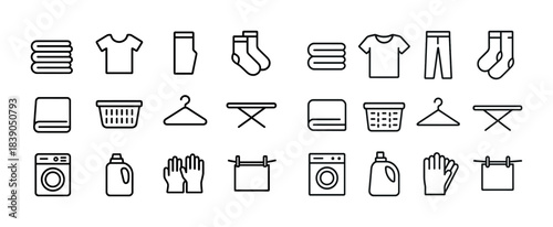 Laundry icons collection: washing machine, detergent, clothing, hangers, ironing board
