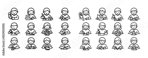 Asian children engaging in creative activities: drawing, painting, crafting, reading, playing