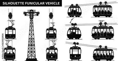 Funicular and cable car vehicle silhouette vector icons set, passenger gondola, aerial tramway, funicular railway, and ropeway tower transportation illustration.