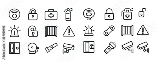 Security and safety icon set: locks, alarms, cameras, first aid, and safety signs