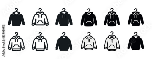 Black and white hoodie icon set on hangers