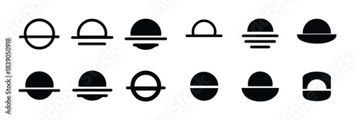 Set of minimalist planetary orbit icons in black silhouettes