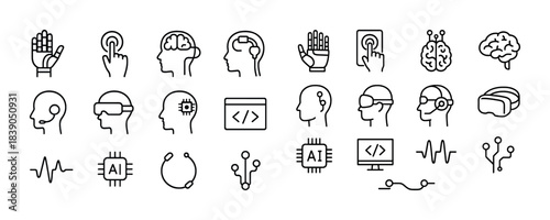 Technology icons: ai, brain, circuit, virtual reality, coding, neural network