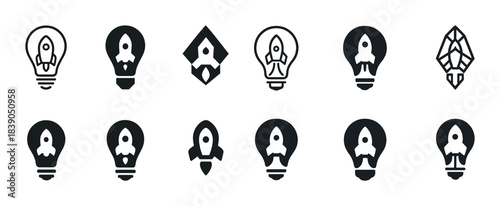 Rocket inside light bulb icons collection - innovation and creativity concept