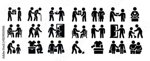 Stick figures illustrating acts of kindness and community support