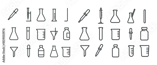 Line art icons of laboratory equipment: beakers, flasks, and pipettes