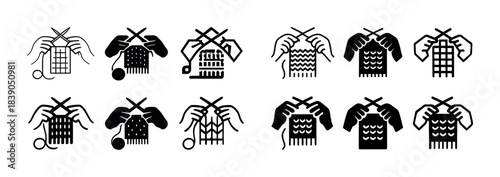 Collection of knitting icons featuring various stitch patterns and techniques