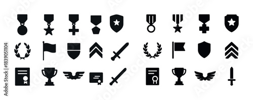 Military and achievement icons set: medals, badges, and trophies in black silhouette