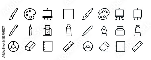 Art tools icon set: paintbrush, palette, easel, canvas, pen, ink, ruler