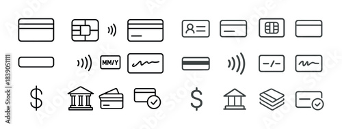 Set of payment and banking icons including cards and contactless features