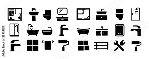 Bathroom and plumbing icons: sinks, tubs, faucets, and tools
