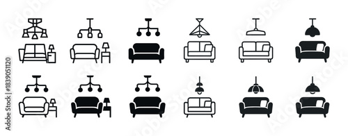 Minimalist home interior icons: sofas and lighting fixtures collection