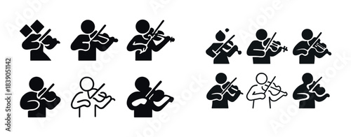 Silhouette icons of musicians playing violins in diverse poses