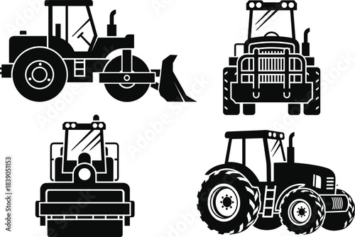 Heavy machinery construction vector icons set, road roller compactor, front loader, and agriculture farm tractor silhouette, black and white logo collection,