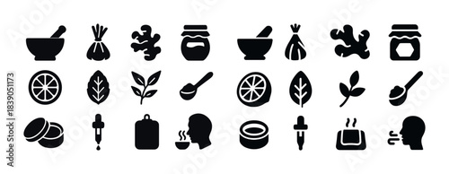 Set of herbal remedy icons: mortars, leaves, and essential oils in black and white