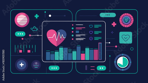 Futuristic medical dashboard interface with heart rate, charts and health data elements on dark background