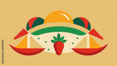 Abstract fruit illustration with strawberry, watermelon and orange shapes in a modern flat style on beige background