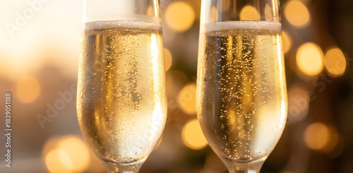 Two Chilled Champagne Flutes with Golden Bokeh Lights - AI GENERATED