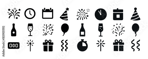 New year celebration icons: fireworks, clocks, calendars, party hats, balloons, gifts