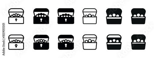 Various black and white treasure chest icons with open and closed lids
