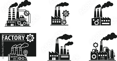 Industrial factory building silhouette vector icons set, power plant, manufacturing complex, smoke stacks, pollution, industry, and gear illustration collection.