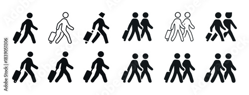 Silhouette icons of walking travelers with luggage