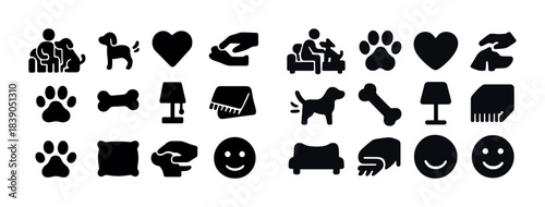 Pet care icons: dogs, paw prints, hearts, toys, and furniture elements
