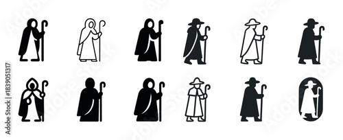 Icon set of monks with staffs in various poses and attire