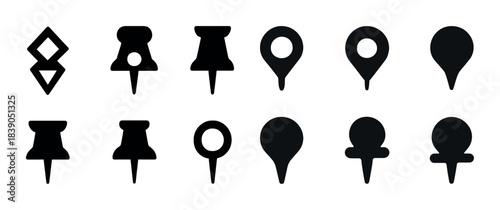 Variety of black map and location pin icons on white background