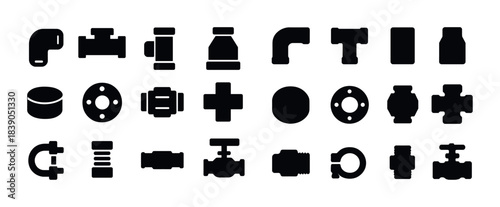 Collection of black plumbing fittings and pipe connectors silhouettes