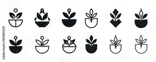 Set of geometric plant icons: minimalist black and white designs