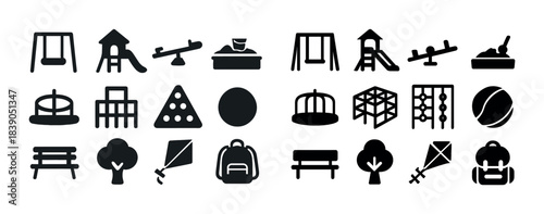 Collection of playground equipment icons featuring swings, slides, and benches