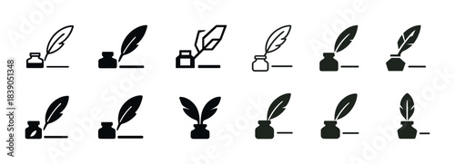 Set of feather pen and ink pot icons in various styles