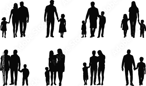 Black silhouettes of families holding hands on white background