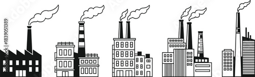 Industrial factory buildings with smoking chimneys, manufacturing plants skyline illustration, pollution environment concept, urban industry infrastructure vector set