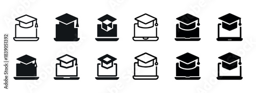 Graduation cap icons on laptops - education and technology symbols