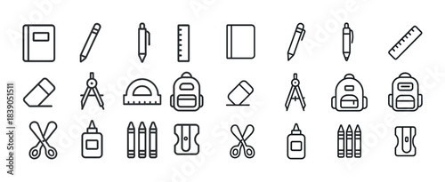 Line art school supplies icons: notebook, pencil, ruler, backpack