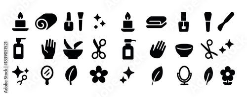 Black and white beauty icons set: candle, brush, leaf, manicure, scissors, mirror, bowl