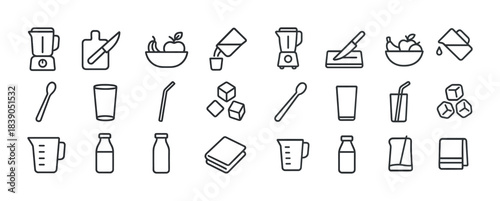 Kitchen utensils line icons including blender, knife, cutting board, glass, spoon, bottle