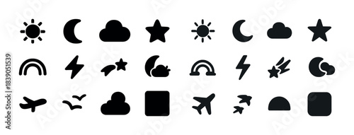 Set of 24 minimalist weather and nature icons in black and white