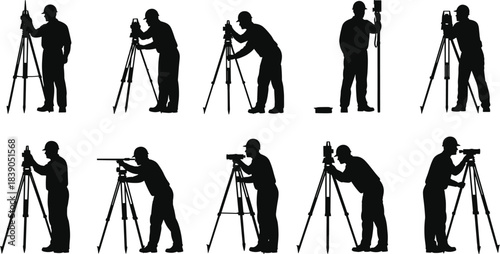 Land surveyor silhouettes using tripod measurement tools, construction site surveying workers, geodetic instrument operators performing mapping alignment and land level checking
