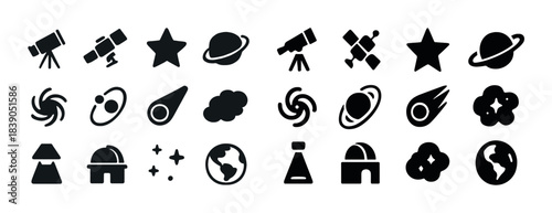Space icon set with telescopes, planets, and stars